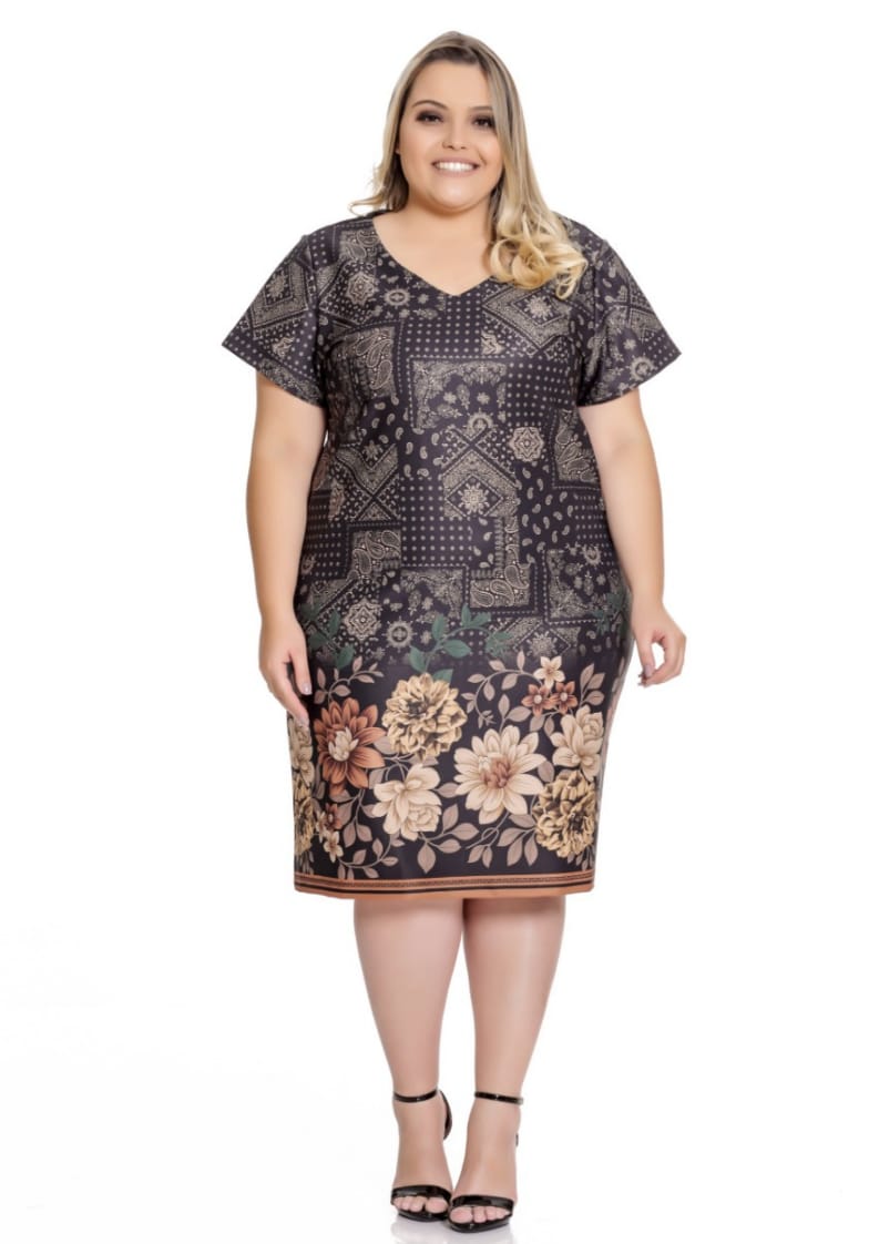 Vestido Plus Size Midi Preto Geom Trico Com Flores Maria Amaral Moda Feminina