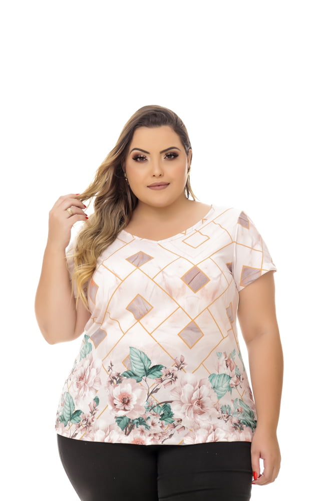 Blusa Feminina Com Manga Plus Size Quadriculada Ros Floral Maria Amaral Moda Feminina